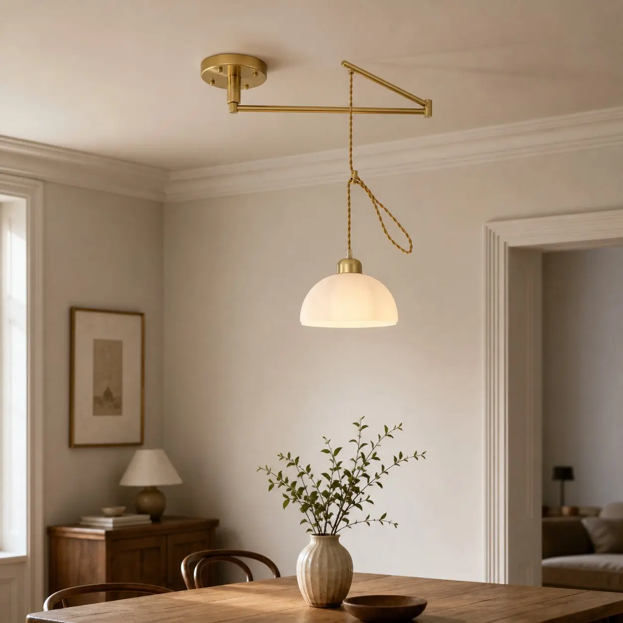 Gold pendant light in a warm dining room